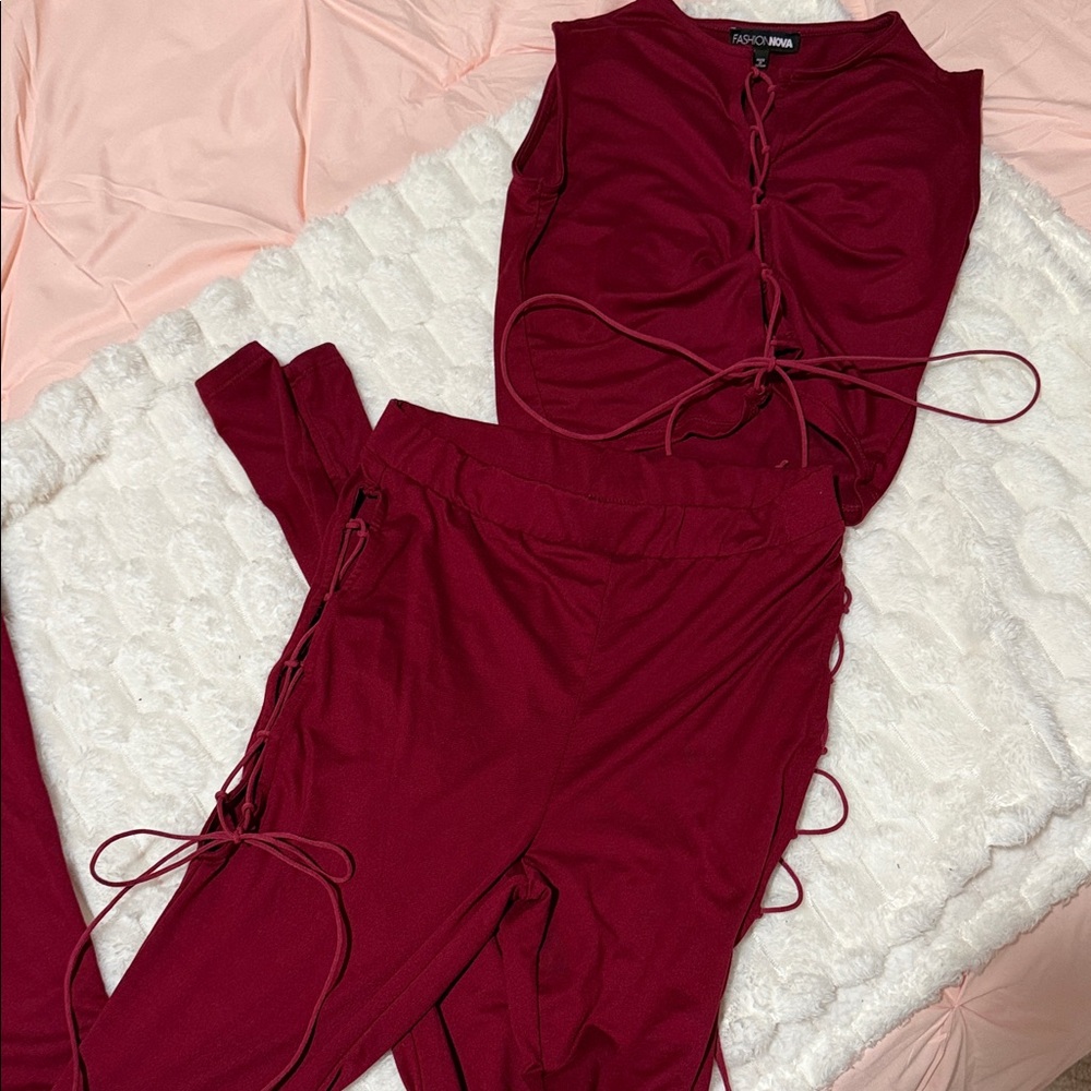 Fashion Nova Burgundy Lace-Up Track Jumpsuit Set